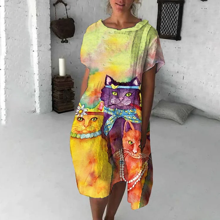 Smudged Cat-Print Midi Dress