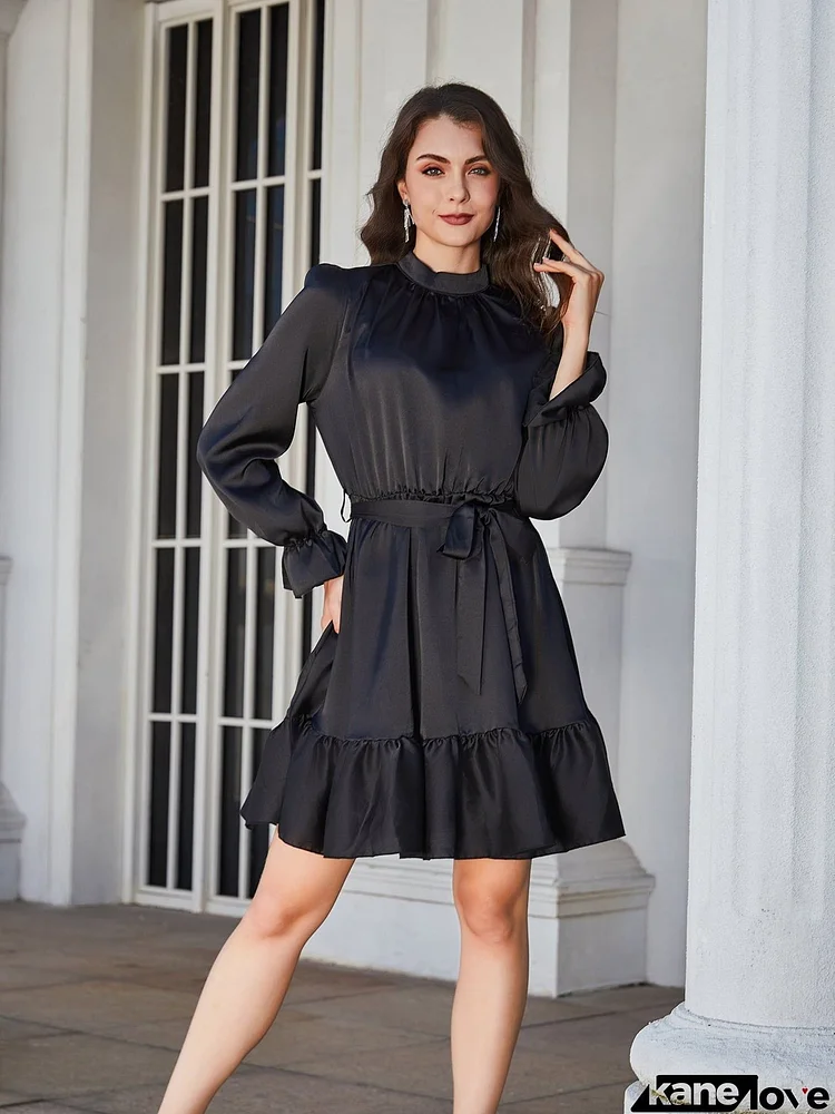 Ruffle Hem Tie Belt Mock Neck Knee Length Dress