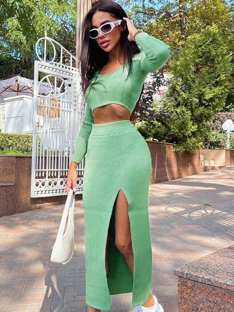 WannaThis Knit Two Piece Women Sets O Neck Slim Top Ankle Length Side Split Skirt Streetwear Fall Lady Elegant Sexy Skirt Suits