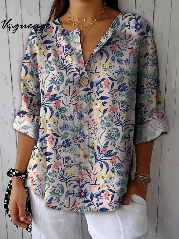 Gentle Elegant And Comfortable Flowers Printed Cotton And Linen Shirt