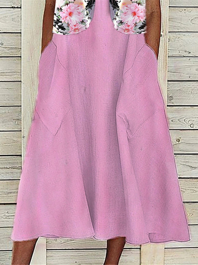 Women Short Sleeve Scoop Neck Floral Printed Pockets Two Piece Midi Dress