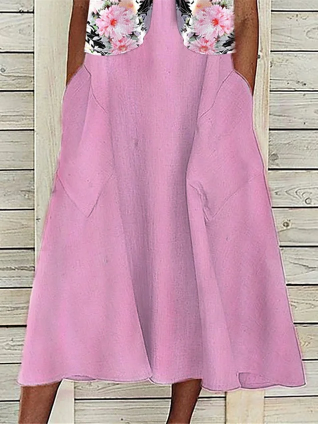 Women Short Sleeve Scoop Neck Floral Printed Pockets Two Piece Midi Dress