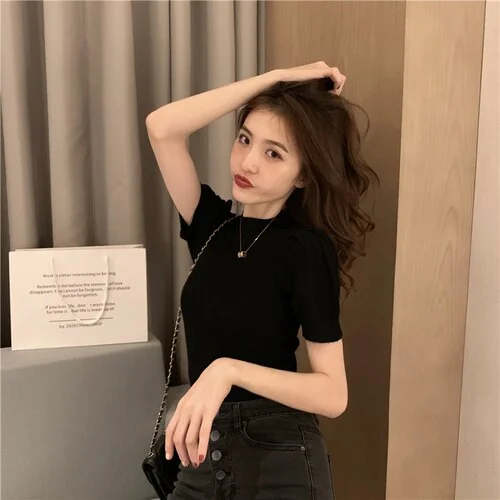 Summer 2021 Solid O Neck Short Puff Sleeve Female Tops Knitted Shirts Blouse Women Loose Casual Cotton Ladies Tees Blusas 10375