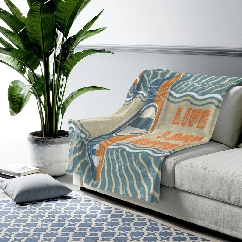 Retro Kayak Lover Gift Groovy Wave Live, Love, Kayak THIN Cozy Velveteen Plush Blanket
