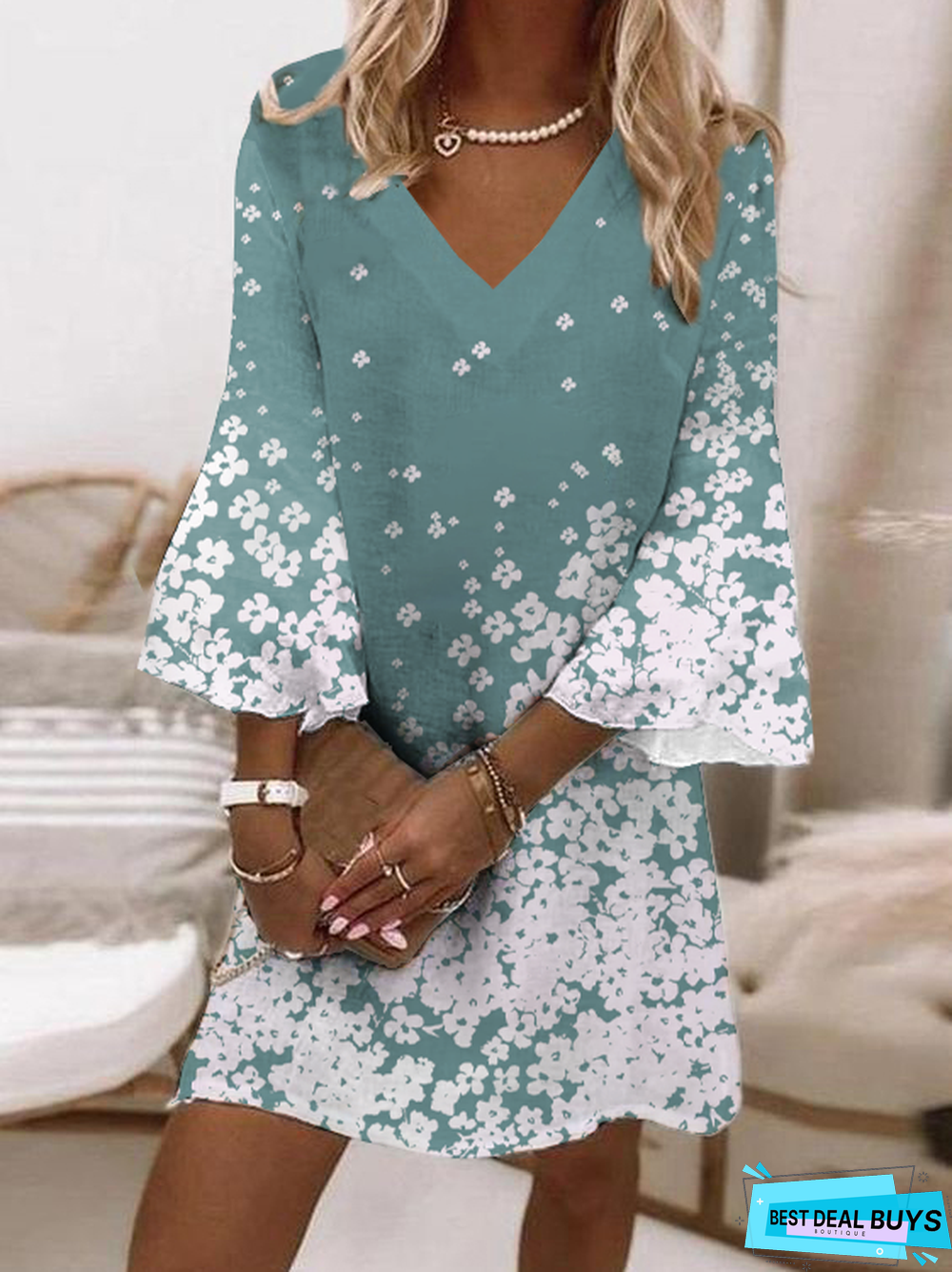 Floral Casual Short Sleeve Woven Tunic Dress