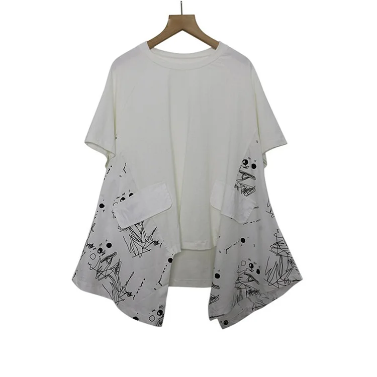 Street Loose O-neck Solid Color Symmetry Printed Patchwork Short Sleeve T-Shirt      