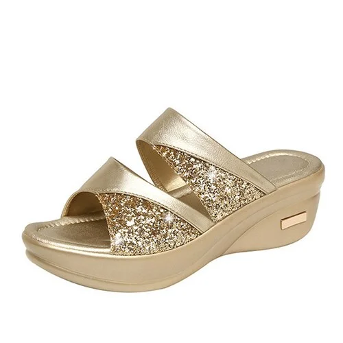 Women Summer Slippers Ladies Glitter PU Wedges Shoes Female Casual Slingbacks Sandals Comfortable Platform Woman  Plus Size 43