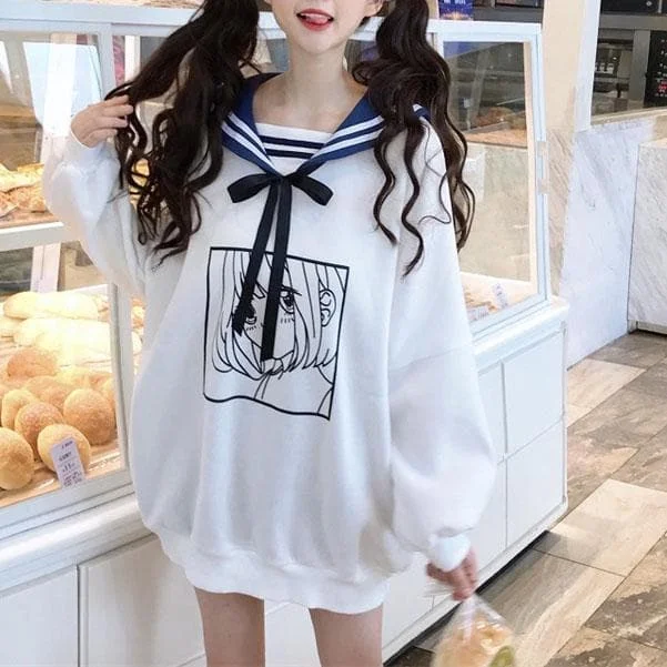 White Kawaii Sailor Collar Anime Print Long Sweater SP13451