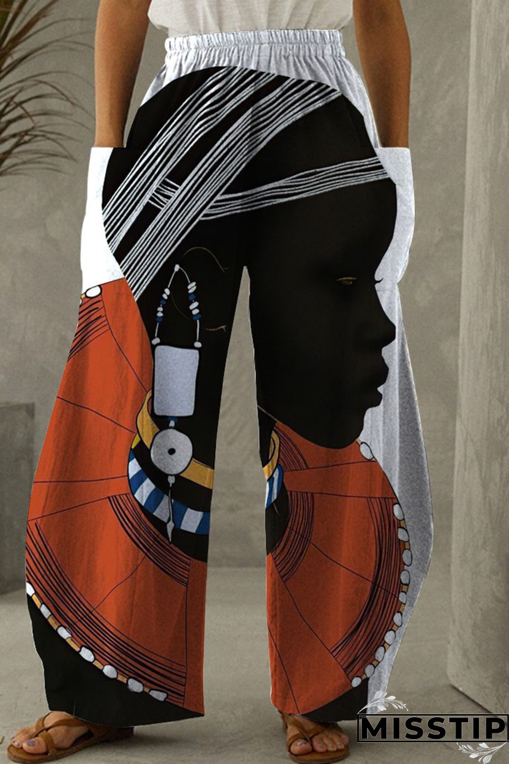 Black Yellow Fashion Casual Print Patchwork Pocket Regular High Waist Trousers