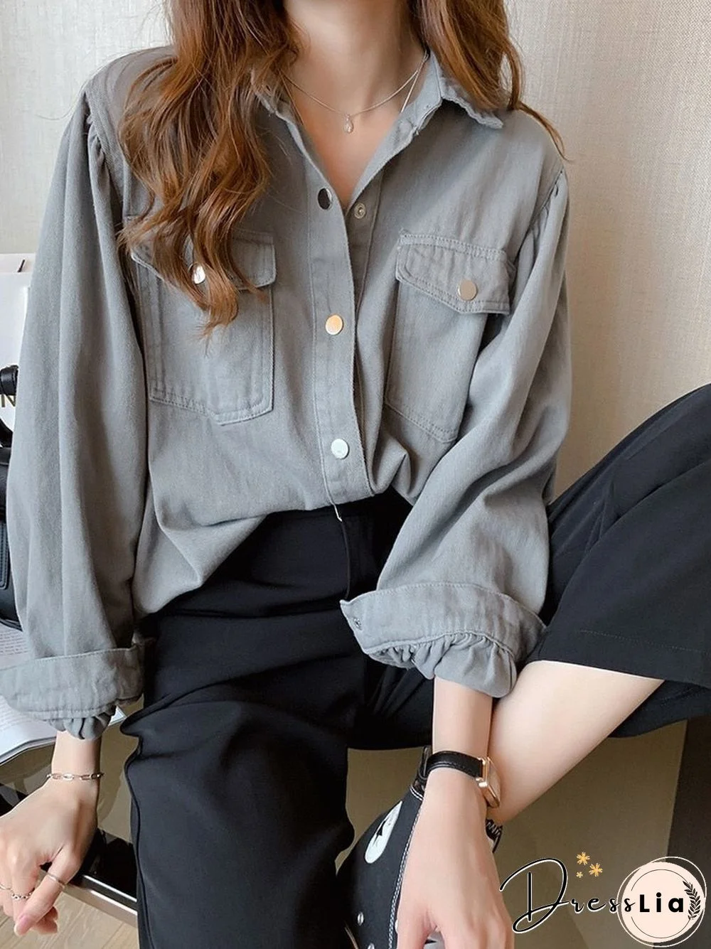 New Shirts Blouse Women Long Sleeve Casual Turn Down Collar Tops Double Pockets Autumn Loose Solid Blusa Plus Size 4Xl