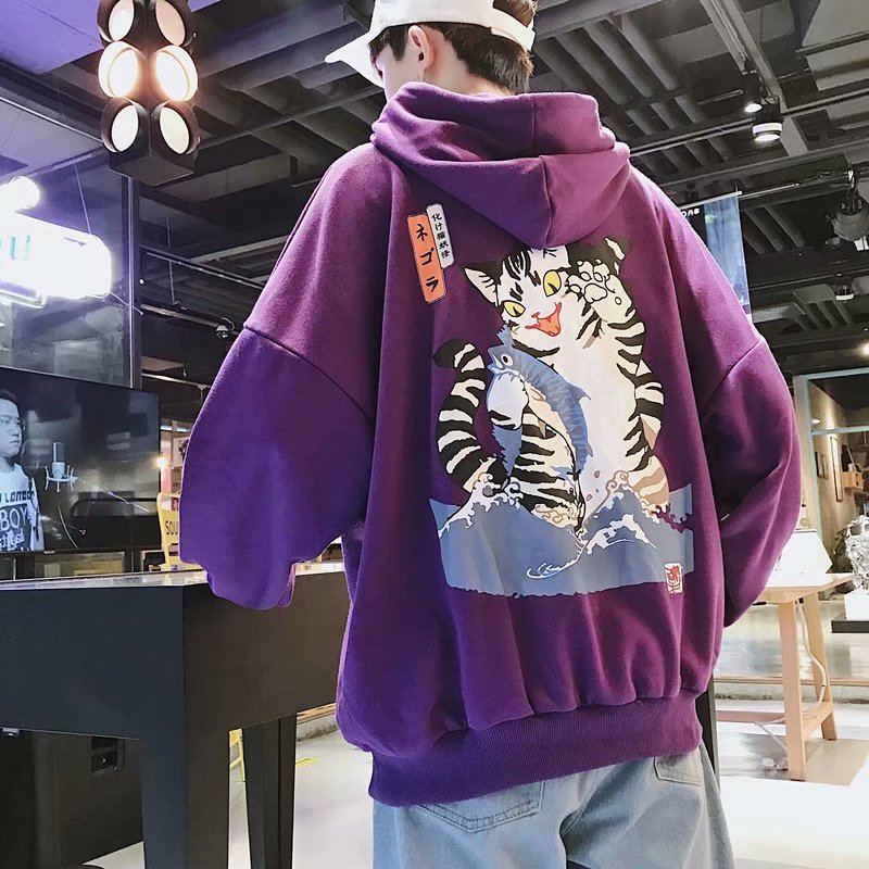 Japanese Cat And Fish Long Sleeved Print Hoodie / TECHWEAR CLUB / Techwear