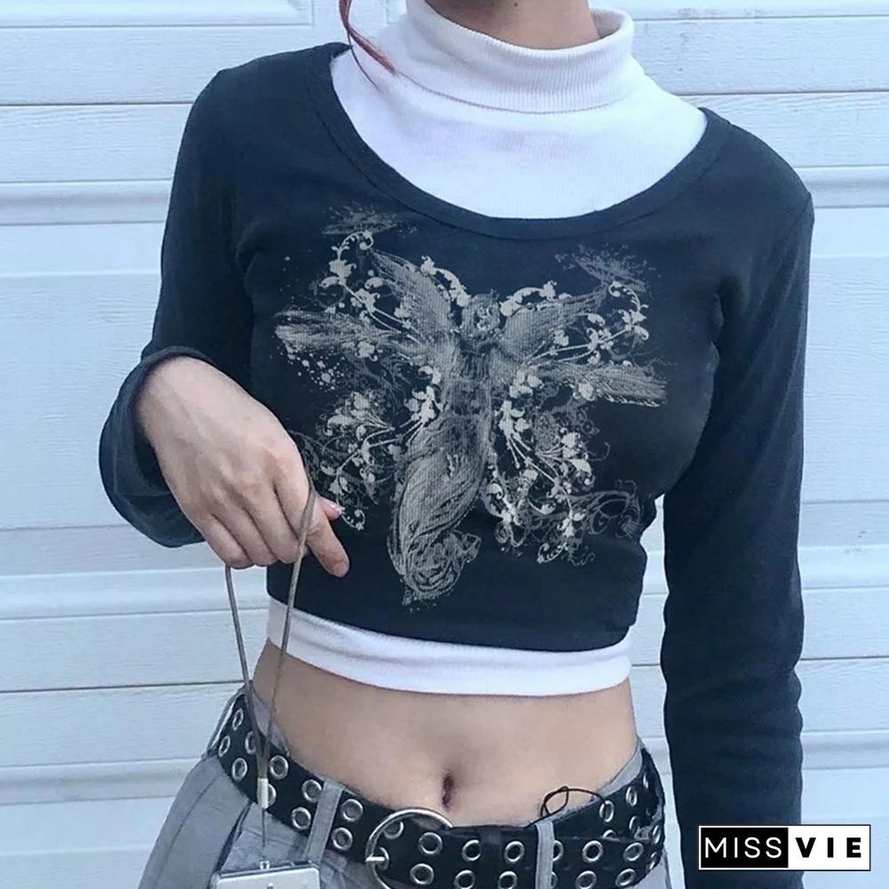 Y2k Fairy Grunge Crop Top Vintage Women Graphic Turtleneck Long Sleeve T Shirt Punk Gothic Clothes Streetwear Tee