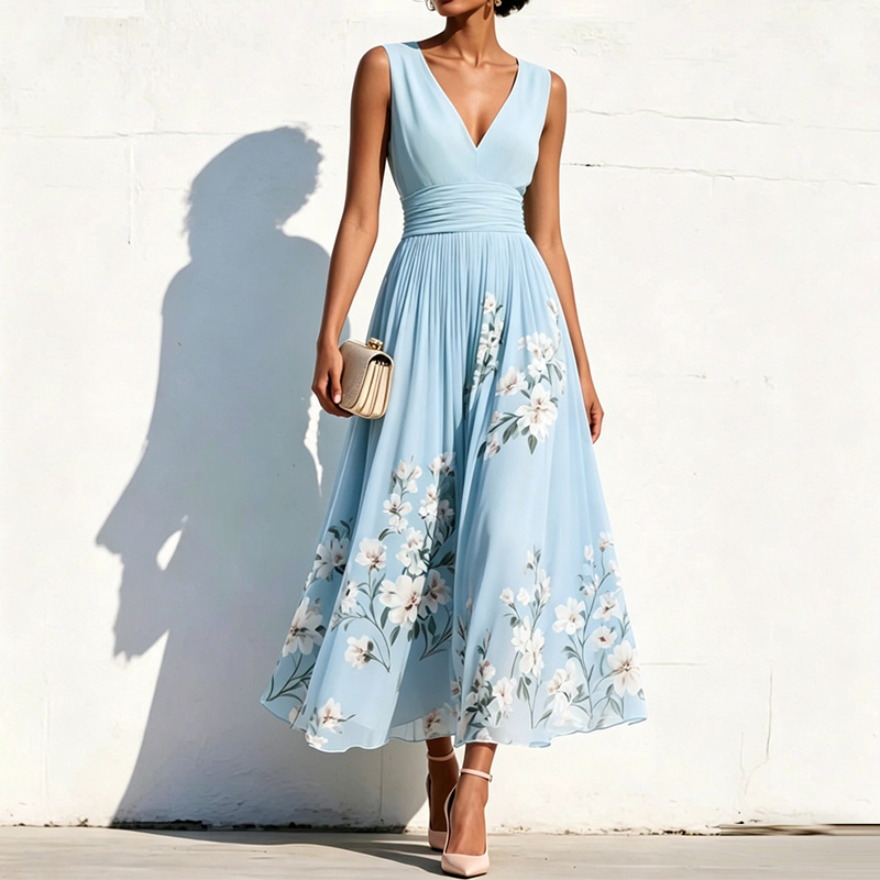Elegant Floral Print V-neck Sleeveless Pleated Dress elevenforest