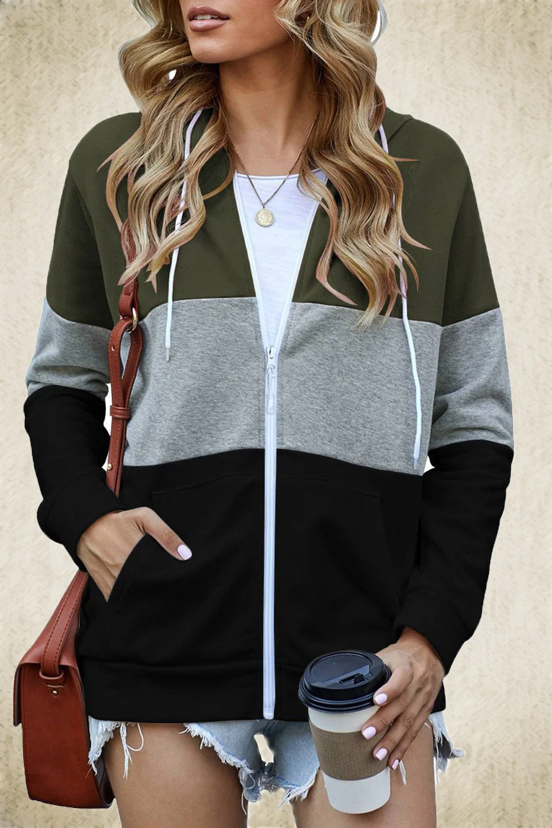 Uveng Sleeve Color Hooded Sweatshirt Women's Cotton Blend Zipper Pocket Cardigan Jacket