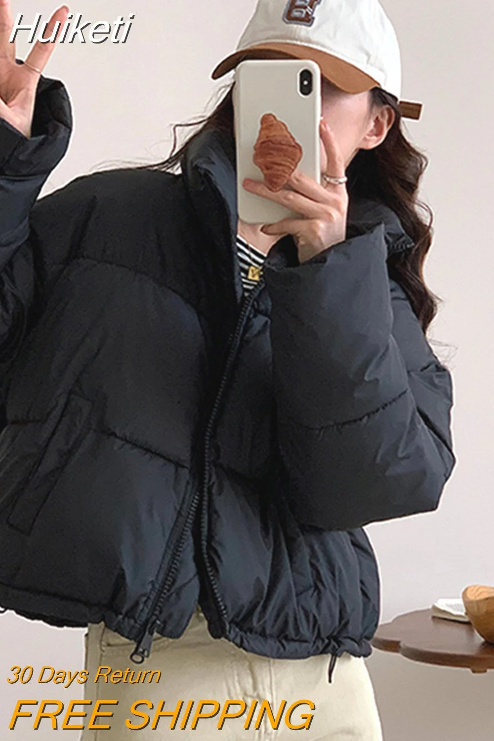 Huiketi Winter Thick Women Puffy Coats Fashion Warm Simple Solid Short Parkas Korean Elegant Cotton Padded Female Down Jacket New