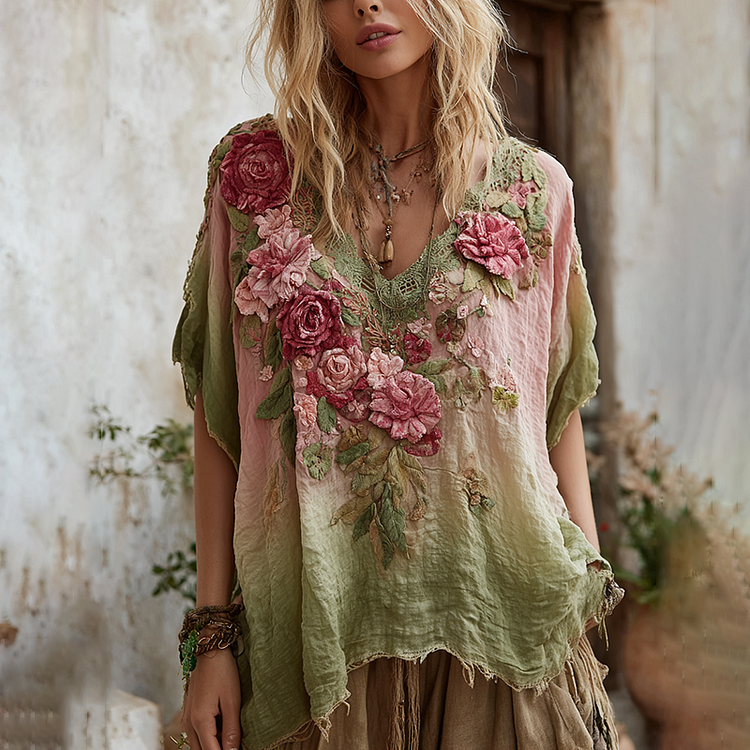 Women's Retro Floral Embroidered Linen T-shirt