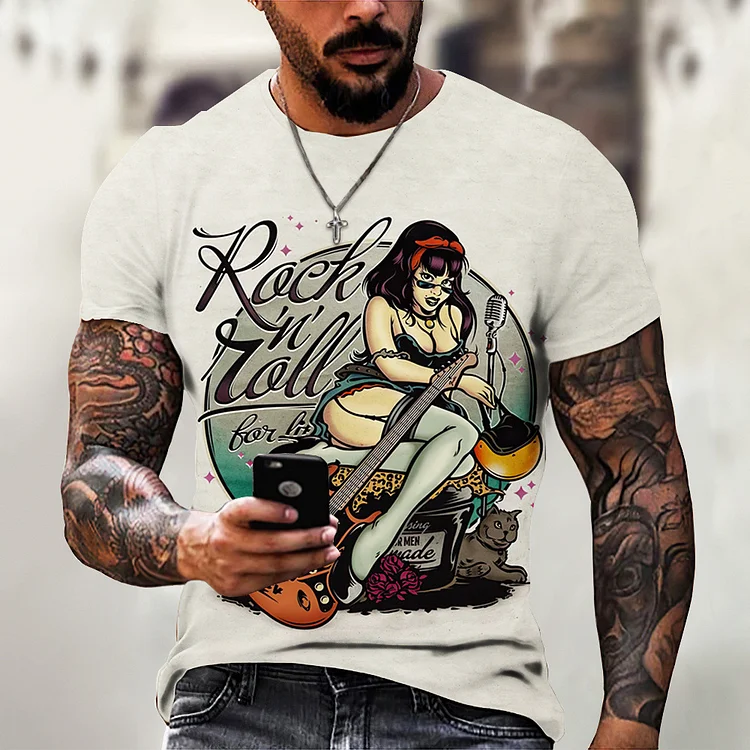 Men's Rockabilly Vintage Rocker Print Casual T-Shirt Hawaiian Short Sleeve at Hiphopee