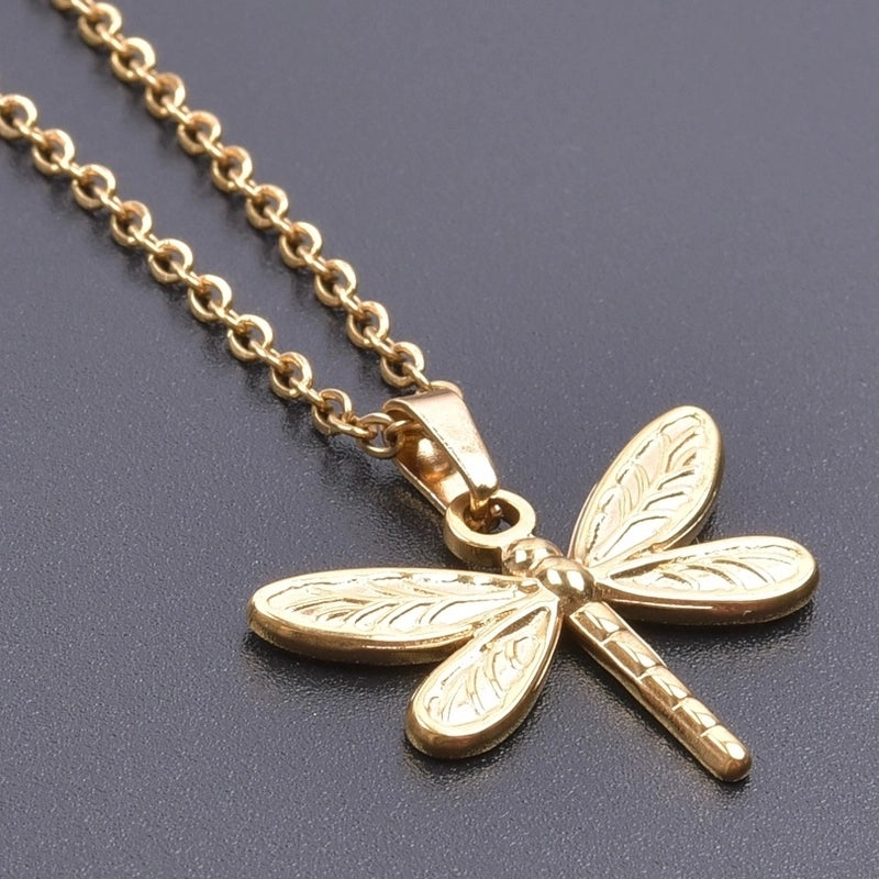 3 Pieces Retro French Style Dragonfly 304 Stainless Steel Plating Pendant Necklace