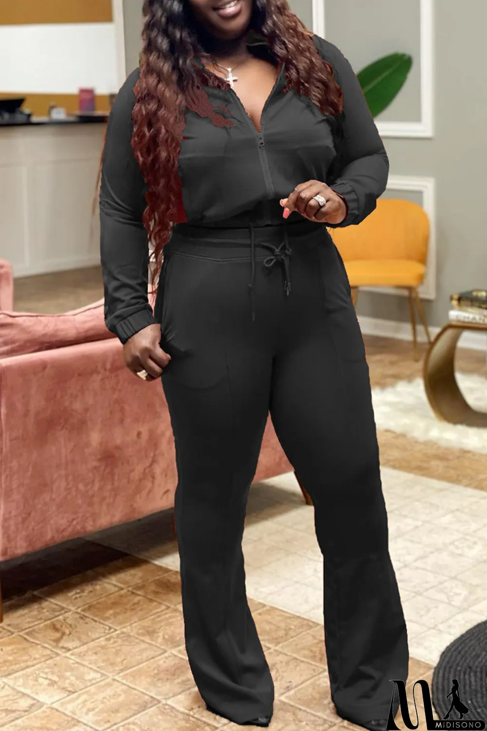 MidiSono - Yellow Fashion Casual Solid Basic Zipper Collar Plus Size Two Pieces