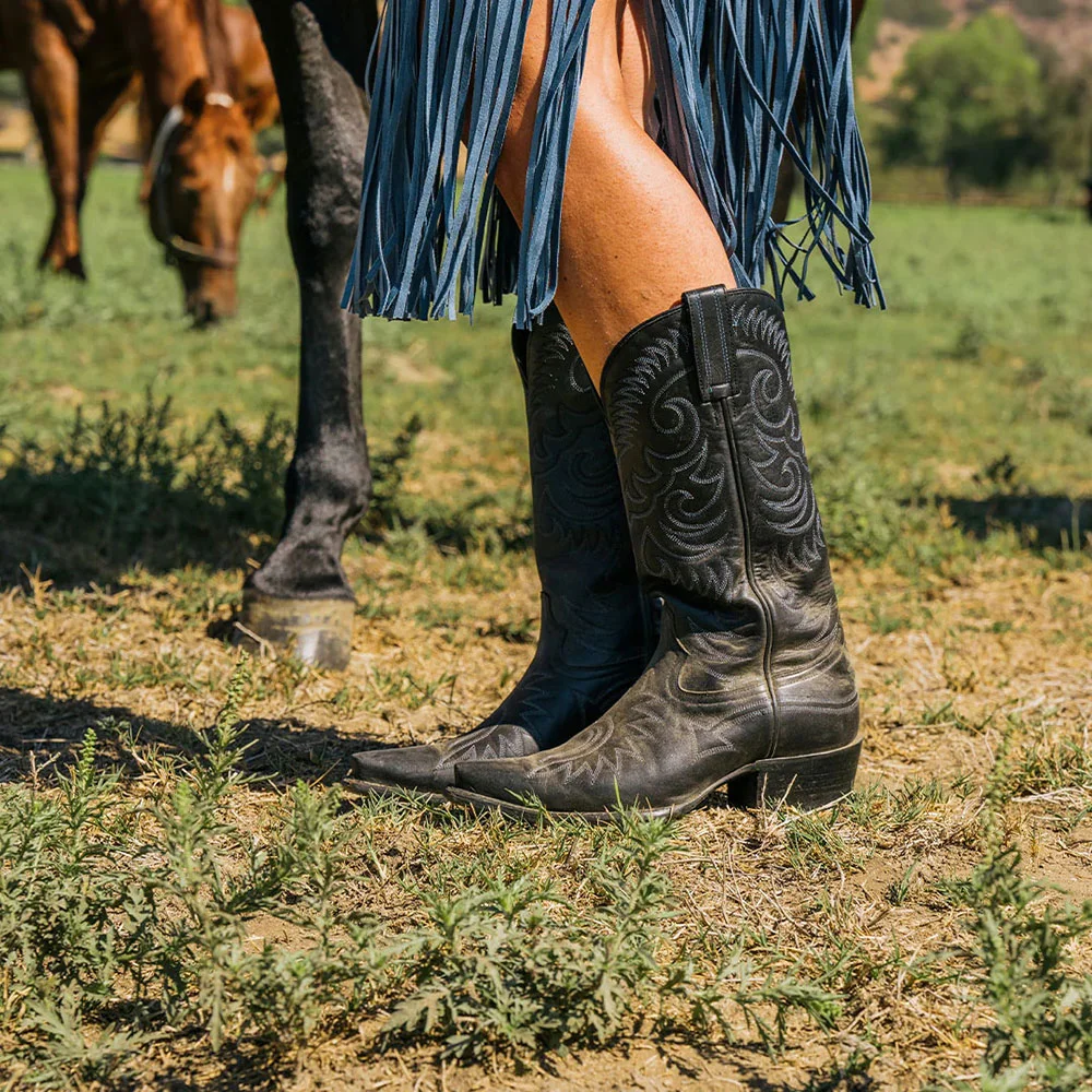 Black Snip Toe Chunky Heel Mid-Calf Cowgirl Boots with Embroidery