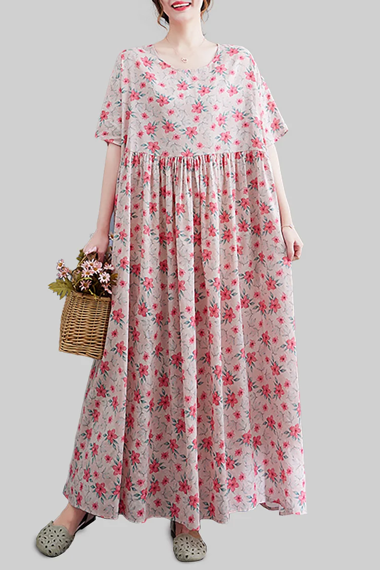 Floral Print Short Sleeve Round Neck Linen Pink Maxi Dress