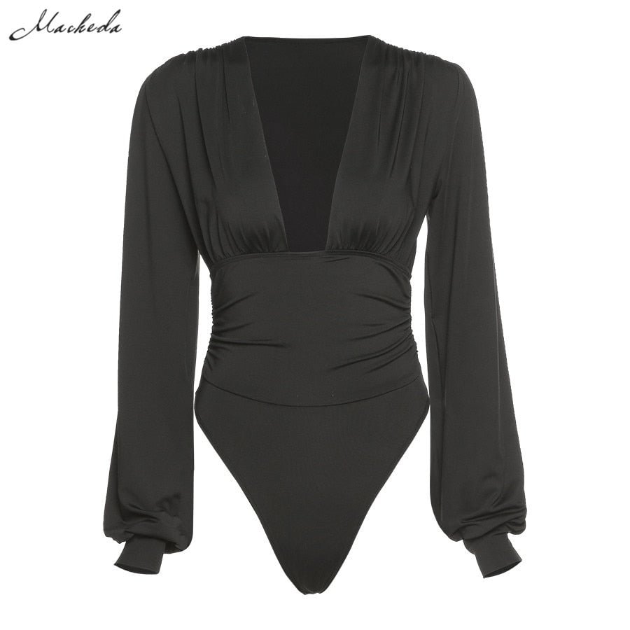 Macheda Autumn Solid Sexy Bodysuit Women Long Sleeve Deep V Neck Fashion Clothing Lady Casual Slim Body Suits 2020 New