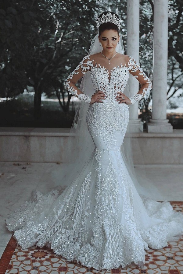 White Lace Mermaid Long Sleeves Wedding Dress - lulusllly