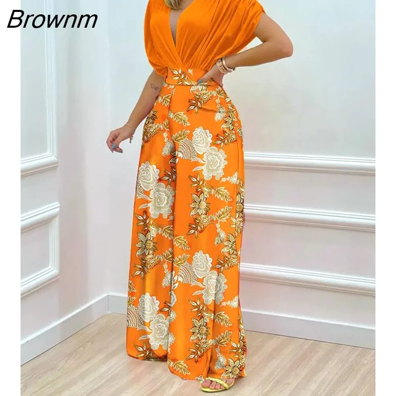 Brownm New Woman Summer Batwing Sleeve Wrap Top & Floral Print Wide Leg Pants Set Female & Lady Casual Office Sexy Two Pieces S