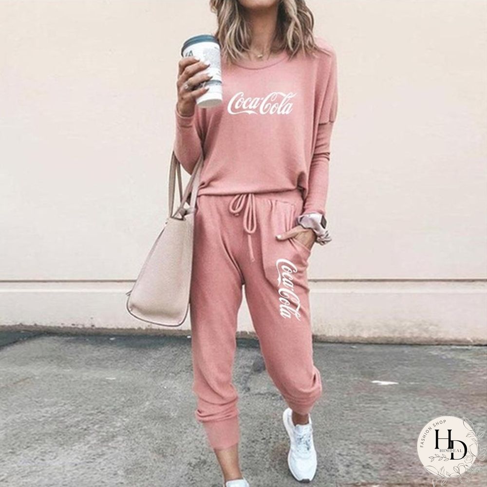 Spring and Autumn Women Jogging Suits Coca Cola Fashion Printed Two Pieces Sports Tops