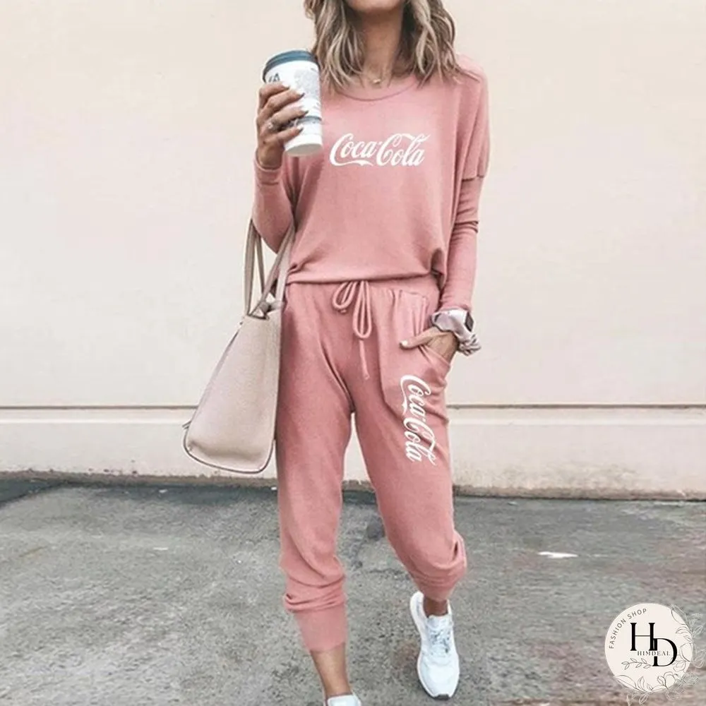 Spring and Autumn Women Jogging Suits Coca Cola Fashion Printed Two Pieces Sports Tops