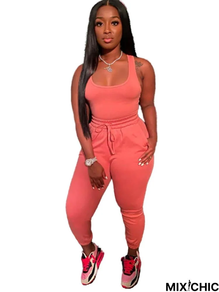 2 Piece Sleeveless Solid Color Tank Tops+Pants Sets