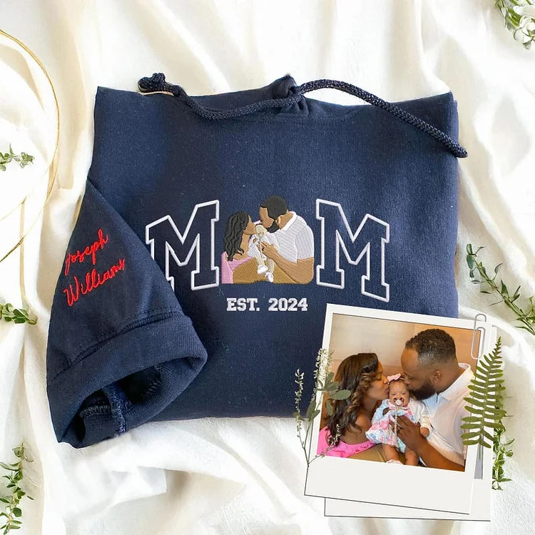 Custom Embroidered Sweatshirt Hoodie Mama and Kids Portrait with Photo - Mother's Day Gifts