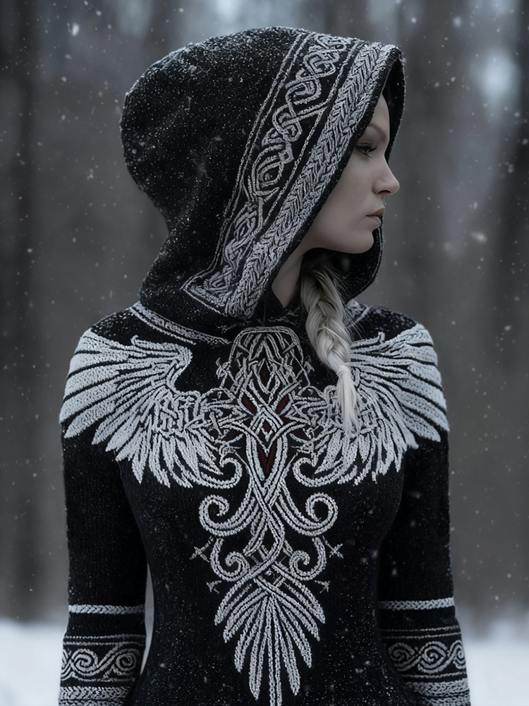 Vintage Viking Inspired Angel Wings Cozy Knit Hooded Sweater elevenforest