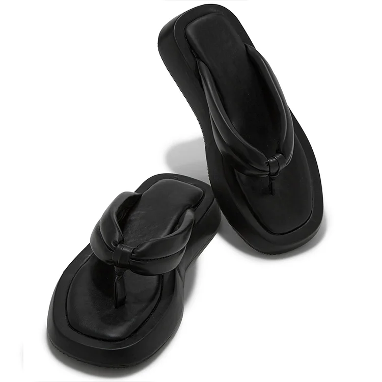 Black Summer Thong Sandals Square Toe Casual Beach Flat Mules |FSJ Shoes
