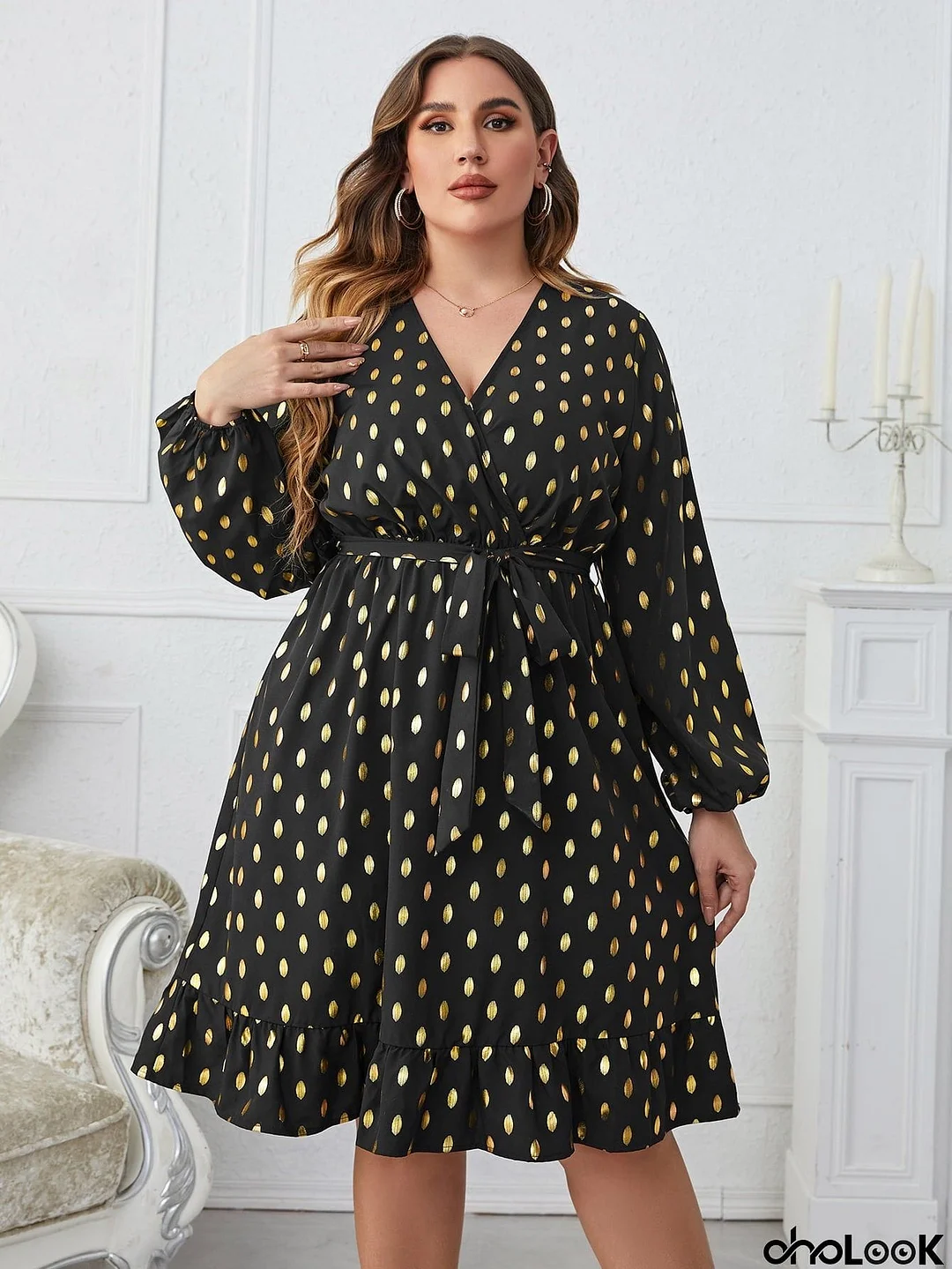 Plus Size Printed Surplice Neck Knee-Length Dress