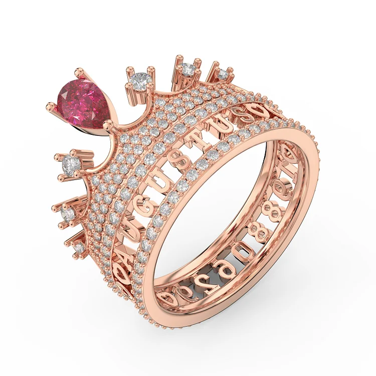 Bague de couronne de bijoux 3D Prénom Personnalisé avec Pierre de Naissance