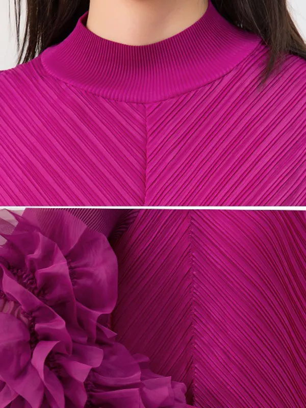 High Waisted Loose Pleated Solid Color Round-Neck Midi Dresses