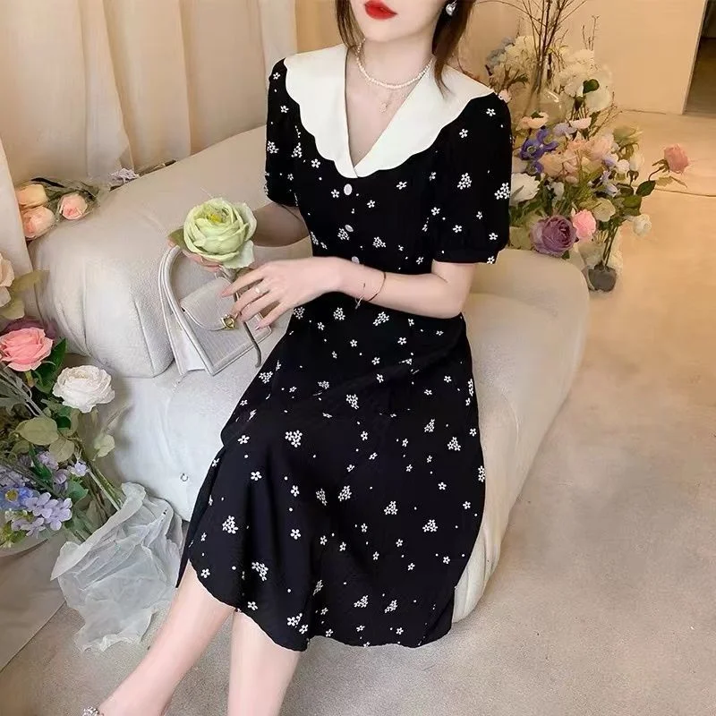 Jangj Casual Straight Loose Floral Print V-neck Summer Dress Popularity Wild Slender Comfortable Refreshing Women's Clothing