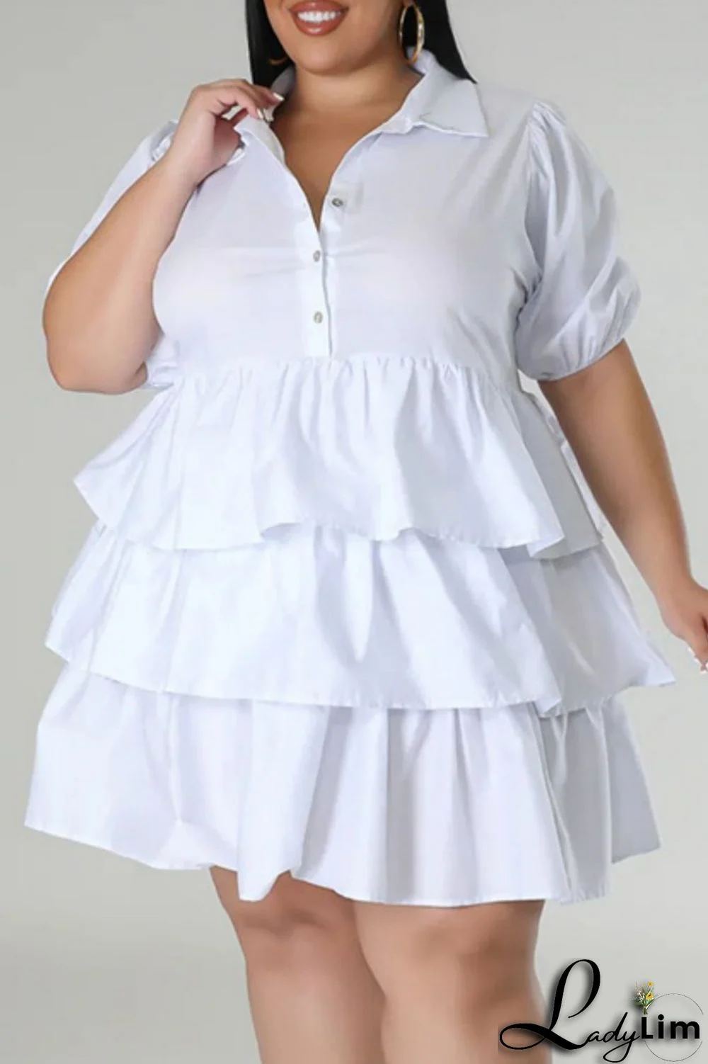 White Casual Solid Patchwork Turndown Collar Cake Skirt Plus Size Dresses