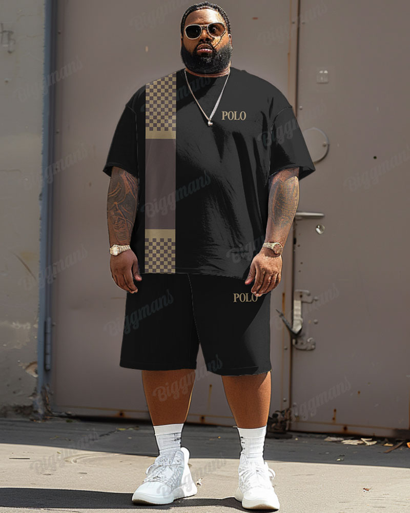 Men's Plus Size Simple Plaid Patchwork Letter Printed T-shirt Shorts Suit