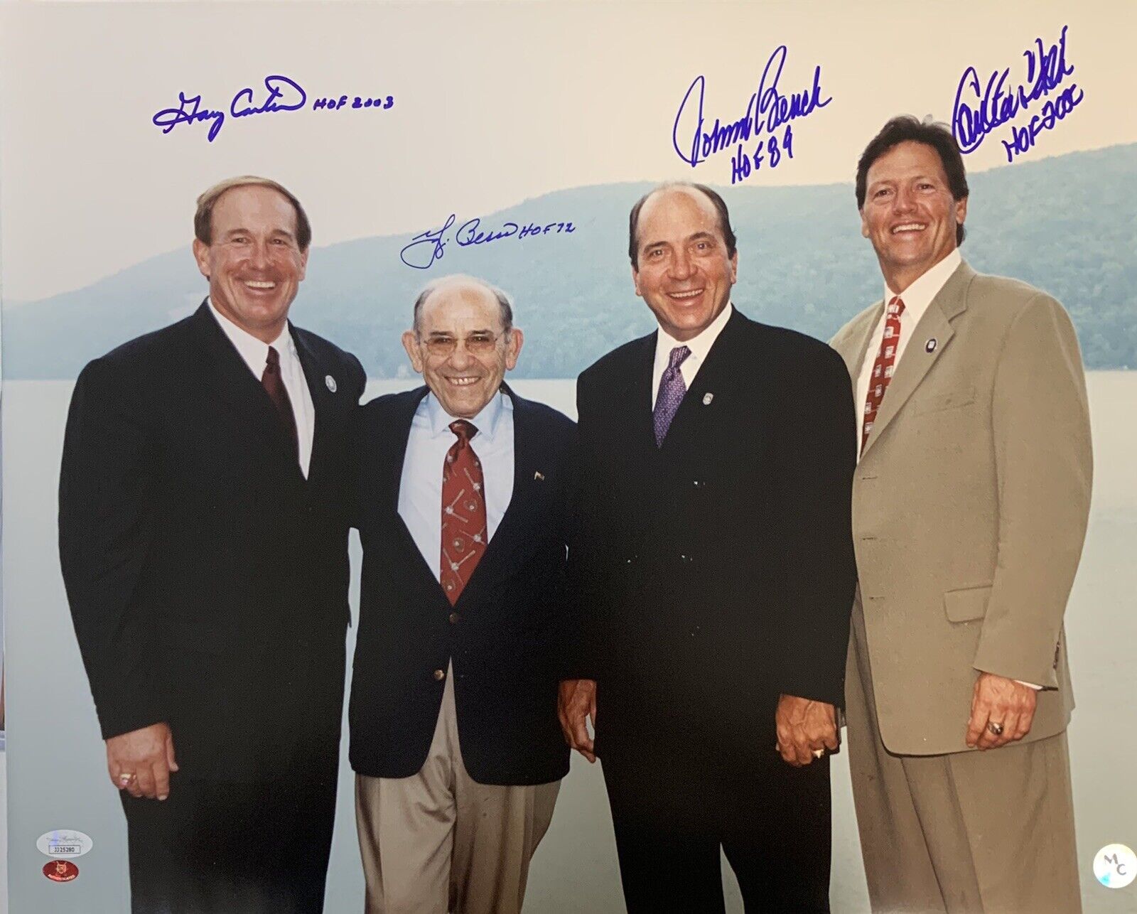 Yogi Berra, Johnny Bench, Carlton Fisk, & Gary Carter Quad Autographed 16x20 JSA