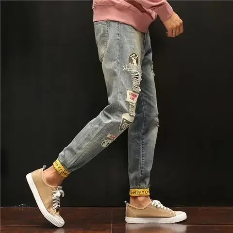 Gamechancemagic Man Cowboy Pants with Holes Men's Jeans Torn Trousers Cropped Graphic Broken Cargo Ripped Harem New in Soft Luxury Summer Retro