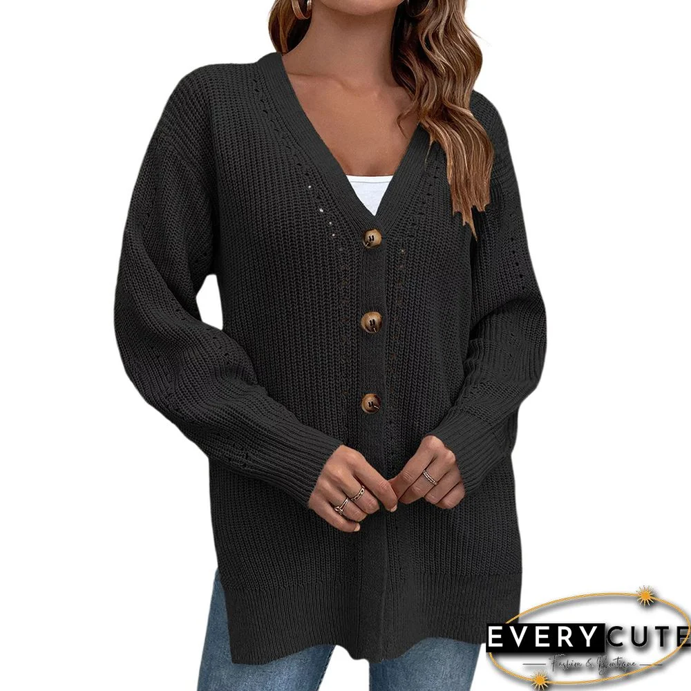 Black Hollow-out Button Split Cardigan