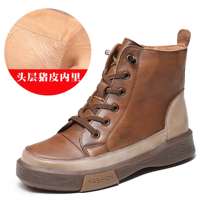 Yyvonne Martin Boots Women Retro Water Wash Skin With Beef Rib Bottom Boots Flat Base Soft Bottom Boots Plus Velvet