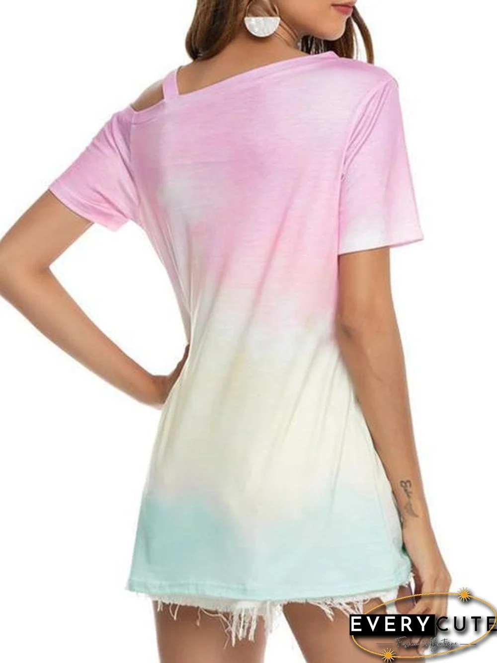 Gradient Color Cold Shoulder Twisted T-Shirt