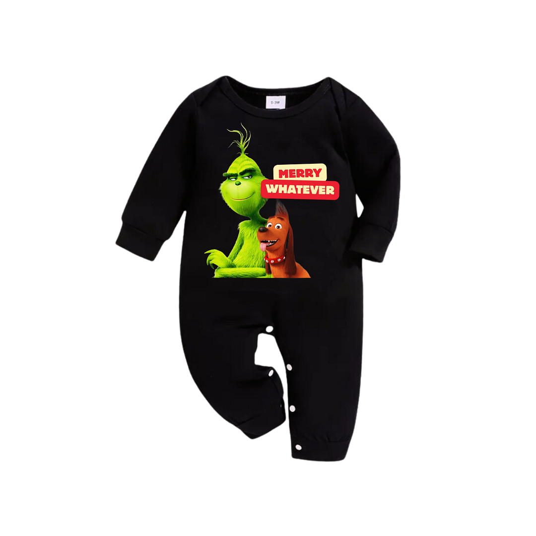 Cartoon Pattern and "Merry Whatever" Text Printed Black Long Sleeve Top with Black And Green Plaid Pants Family Matching Pajamas