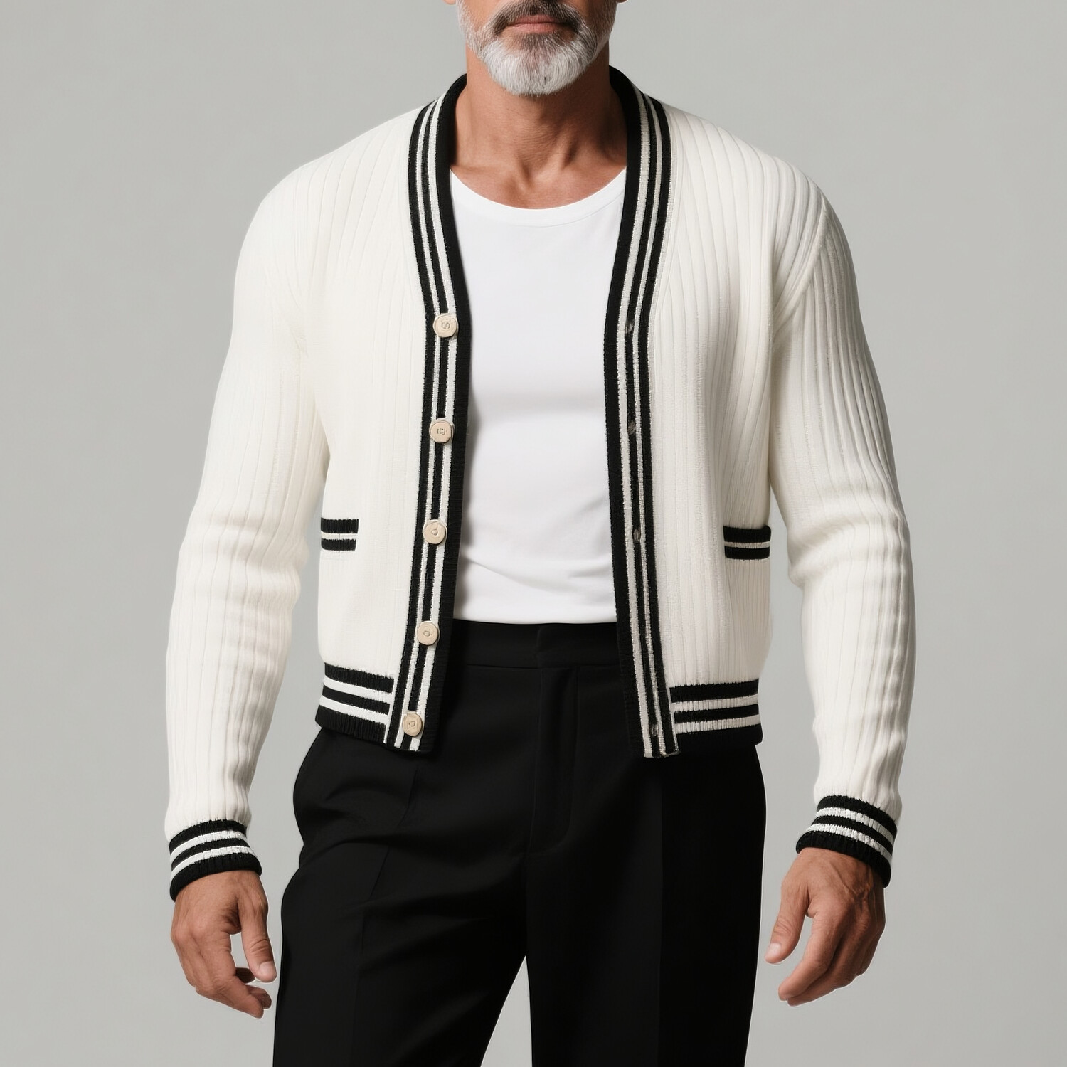 Men's Black Striped Long Sleeve Button Ribbed Knit Sweater Cardigan