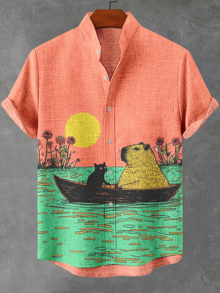 Men's Otter Black Cat Boating Contrast Color Art Print Casual Shirt