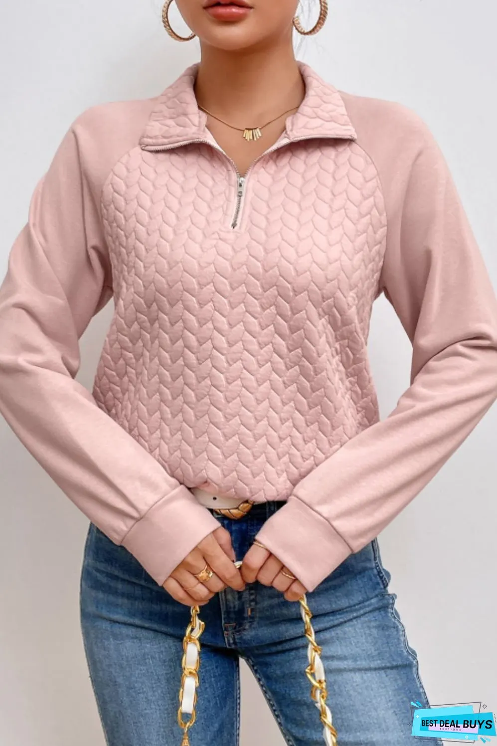 Textured Quarter Zip Long Sleeve Sweatshirt