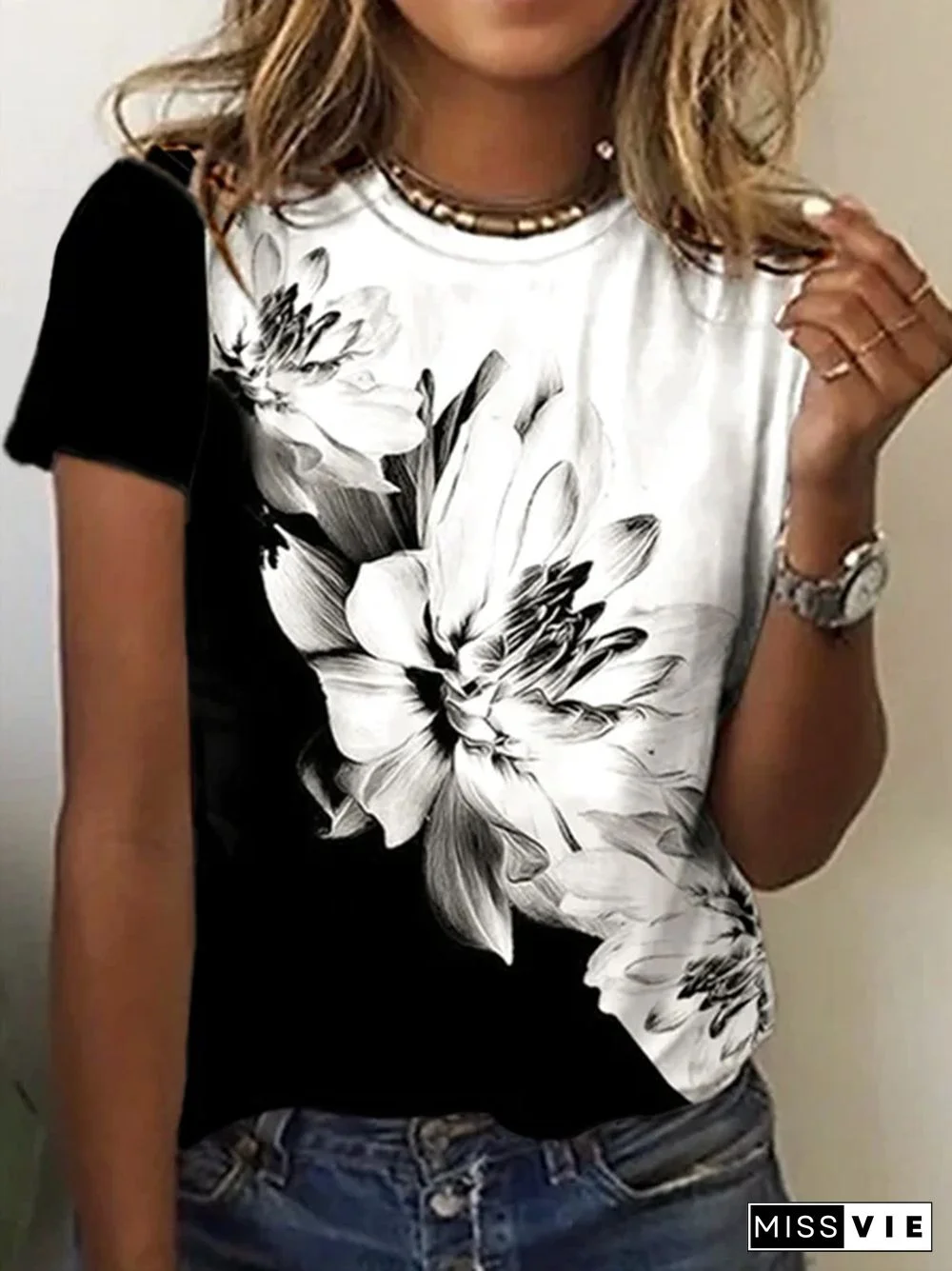 Floral Casual Crew Neck Short Sleeve T-Shirt